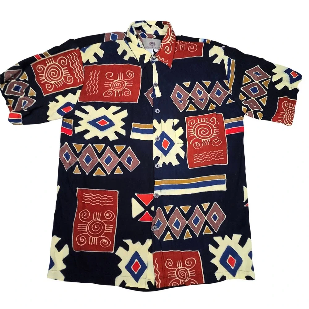 The Territory Ahead Shirt Mens L Rayon Abstract Tribal Aztec Button Up Vtg Style